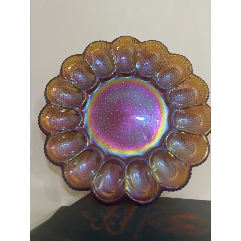 VTG Indiana Glass Hobnail Carnival Amber Iridescent Deviled Egg Plate 11